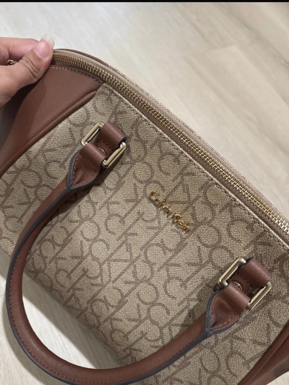 Calvin Klein Tan Monogram Satchel with Brown Trim